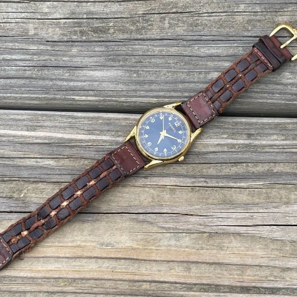 Fossil Men Watch Gold Tone Case Pyramid Crystal Brown Braided Leather Band Analo - Picture 5 of 13